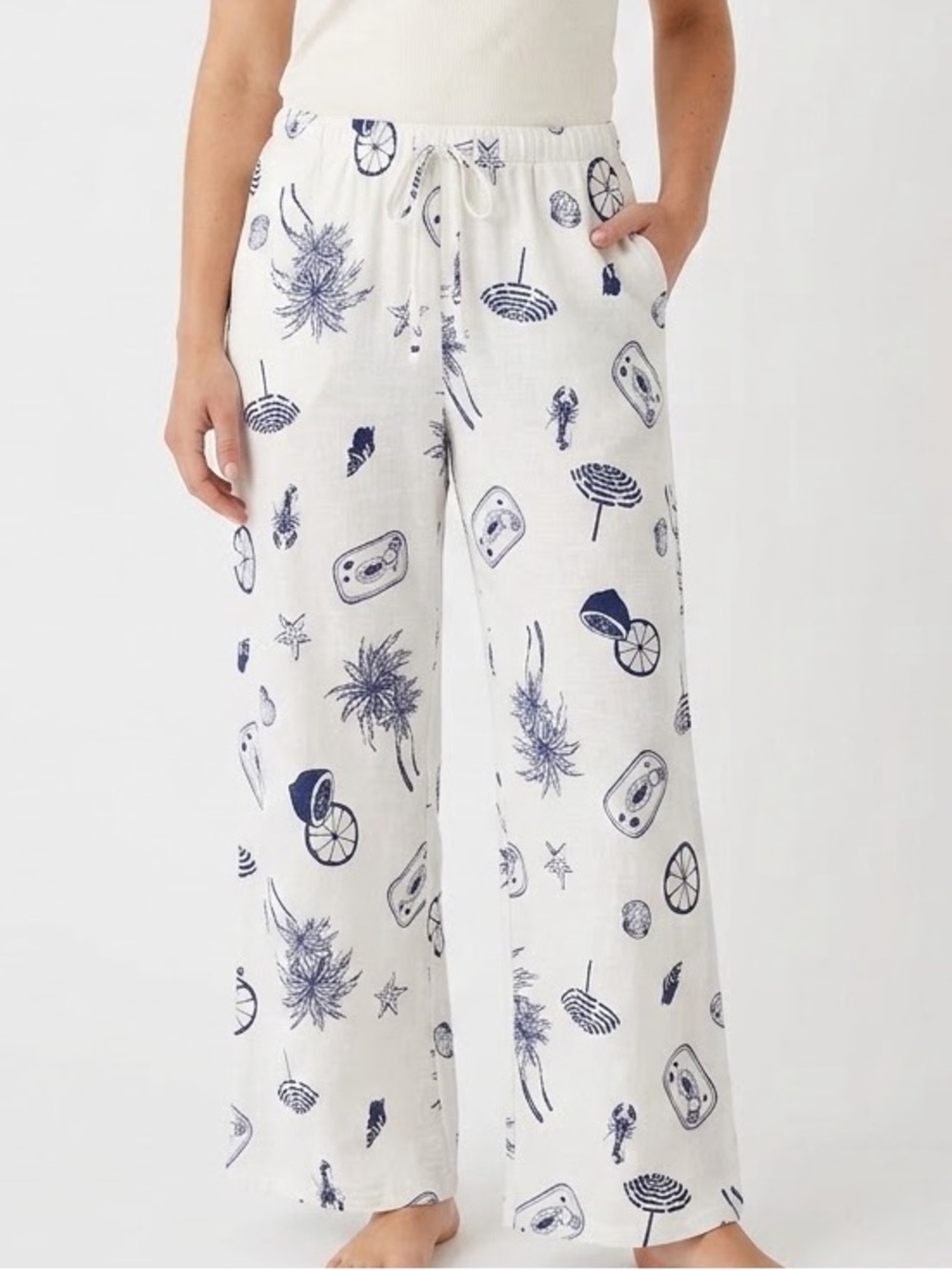 SIENNA SKY Linen Blend Wide Leg Pull On Pants Drawstring Pockets Nautical Large
